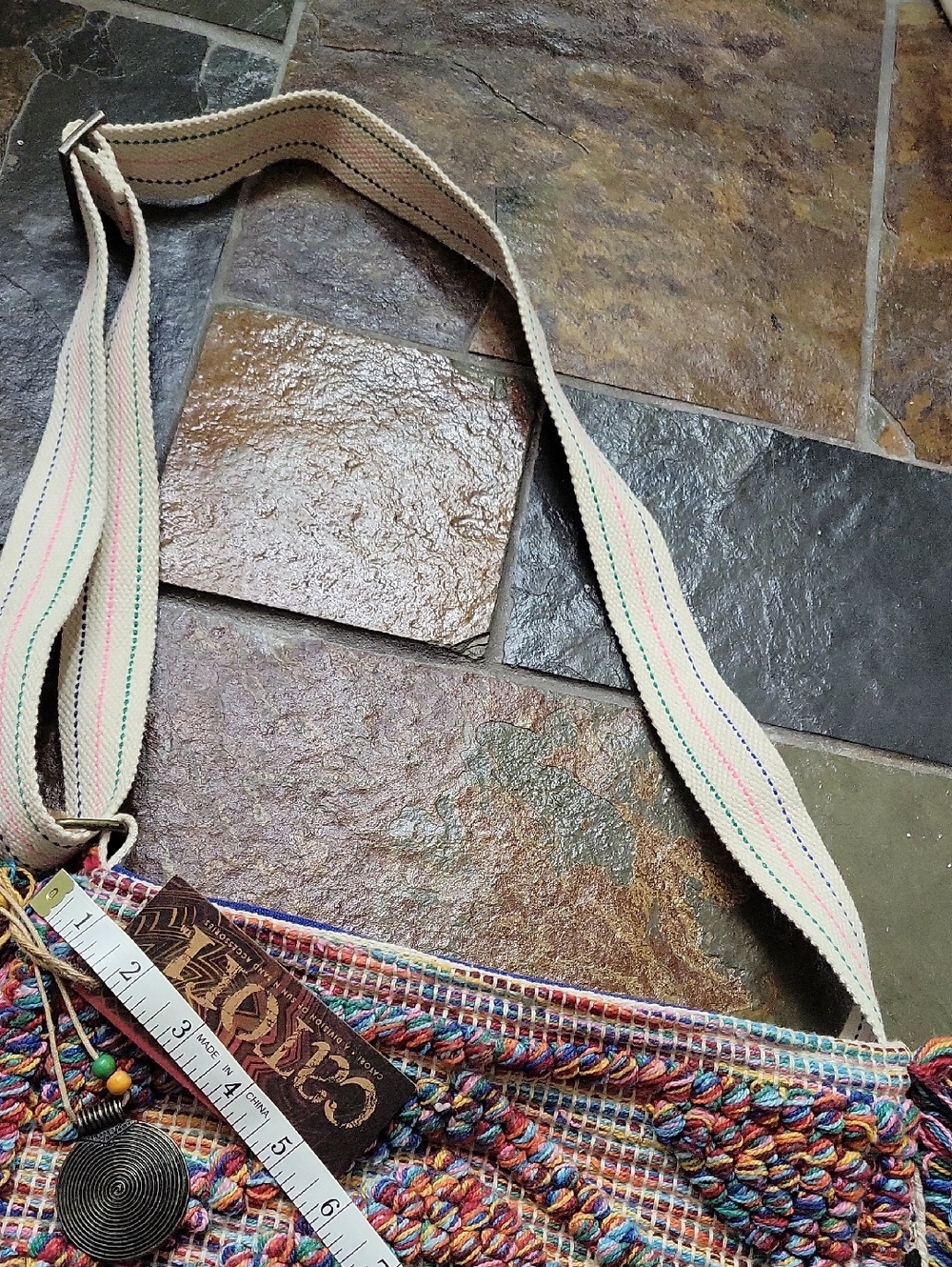 Multicolor Fringe Woven Crossbody Bag with Cream Strap - Picture 13 of 13